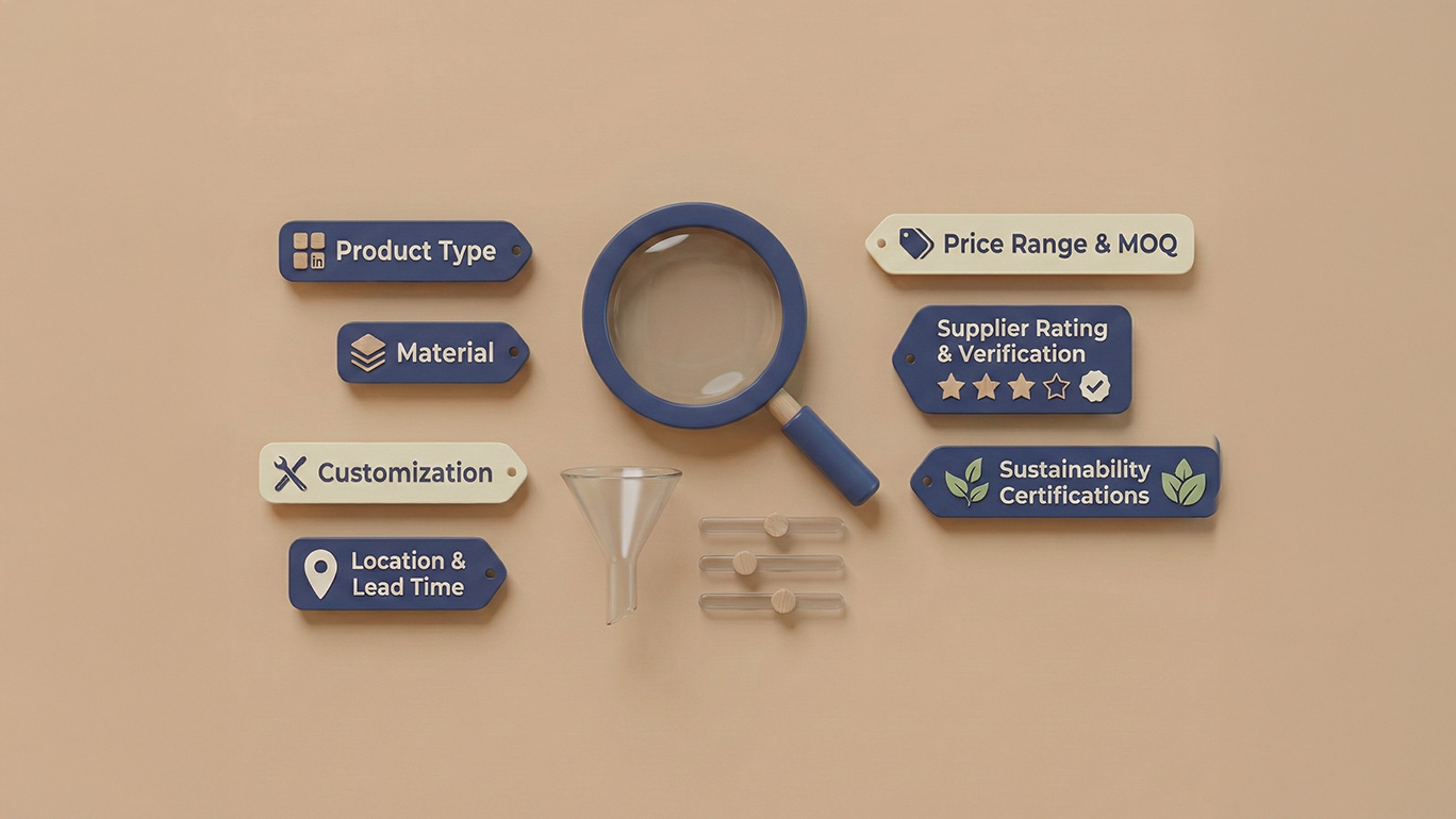 Advanced Search & Filtering interface showing magnifying glass, filter tags, and filtering controls